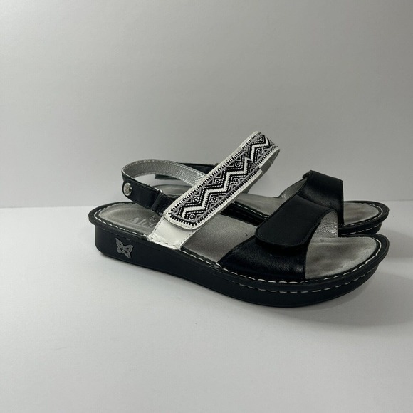 Alegria Shoes - Alegria Verona Black White Geometric Slingback Low Wedge Sandals Size 37